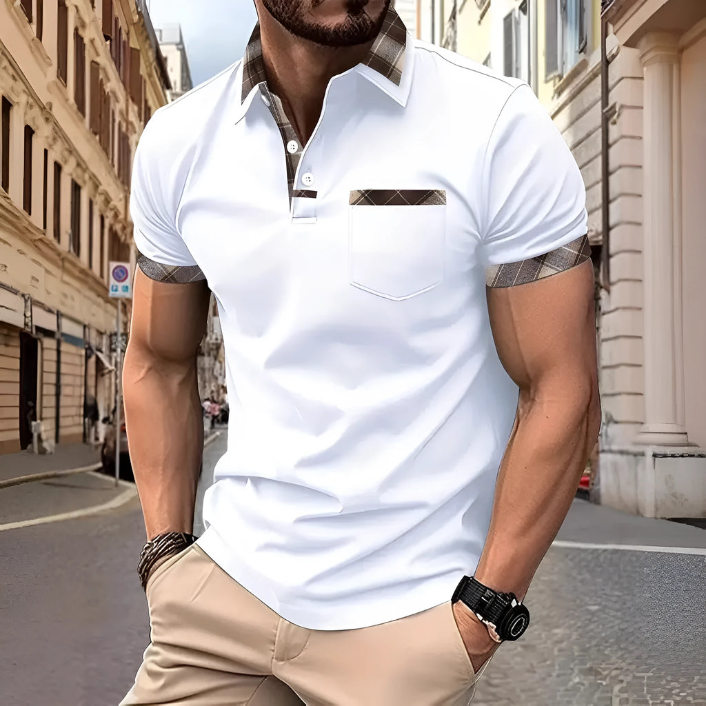 Men's plaid colourblock short sleeve T-shirt on hanger showing loose fit design