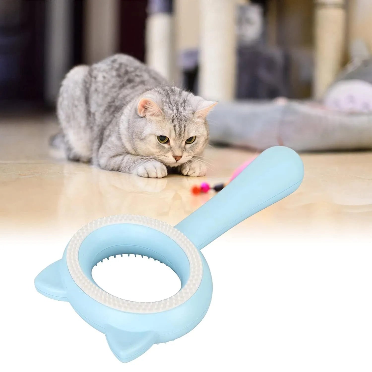 Blue and white double-sided pet grooming brush with ergonomic handle for cats and dogs