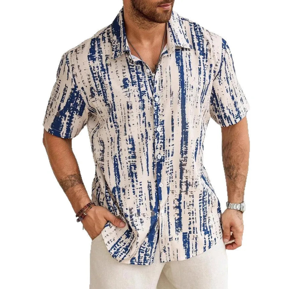 Men's short sleeve shirt with 3D printed striped pattern in summer colours
