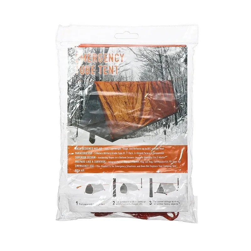 Portable orange disaster relief tent with sleeping bag and emergency blanket for outdoor use
