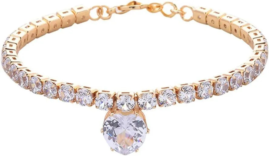 Gold rhinestone heart charm pet collar for a dog or cat on a white background