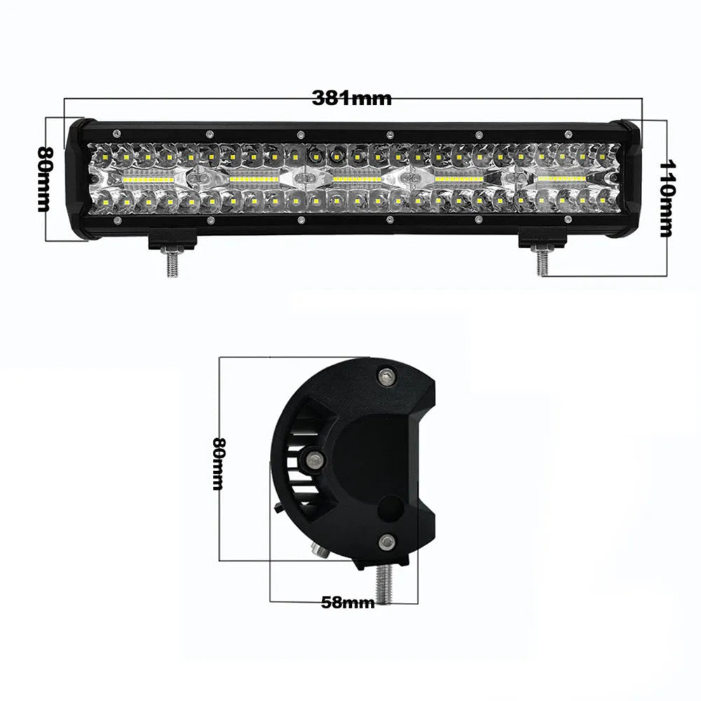 Three-row automotive LED strip work light in aluminium housing with mounting bracket, 6500K output