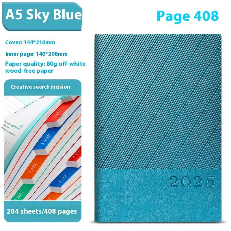A4 notepad with striped PU leather cover open to show 80g wood-free paper pages