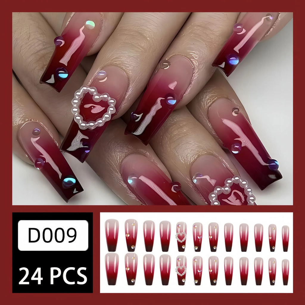 Wine red gradient plaid false nail tips with pearl heart detail in long ballet style
