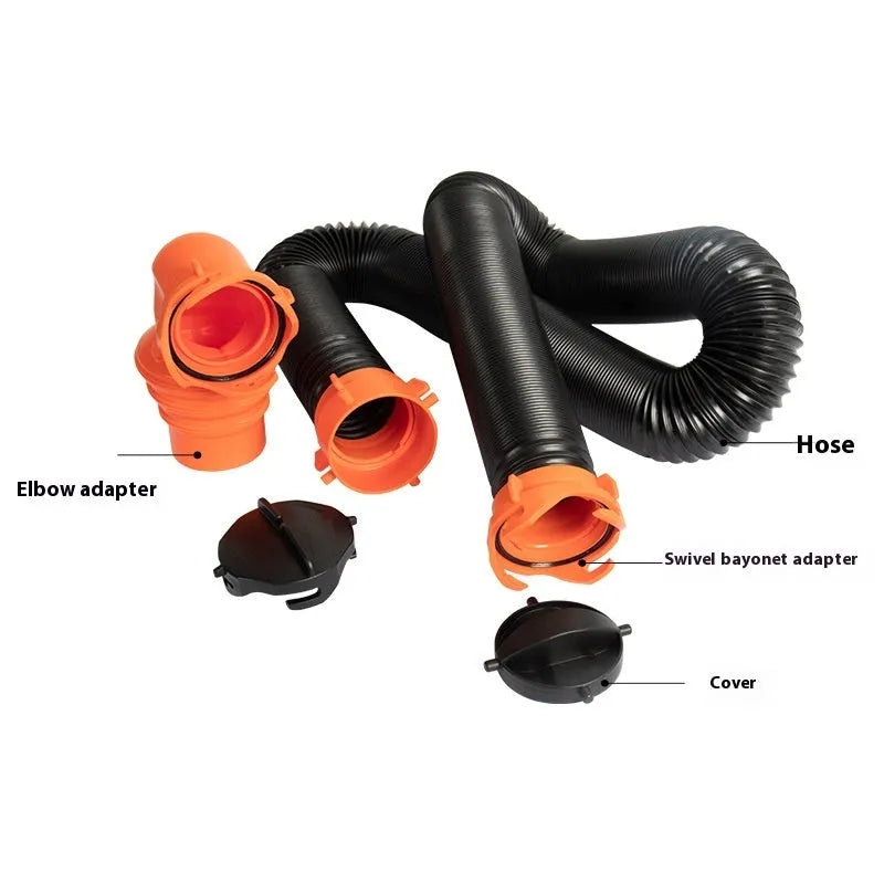 Brown 90-degree rotary elbow joint for sewage hose connected to a long polypropylene pipe.