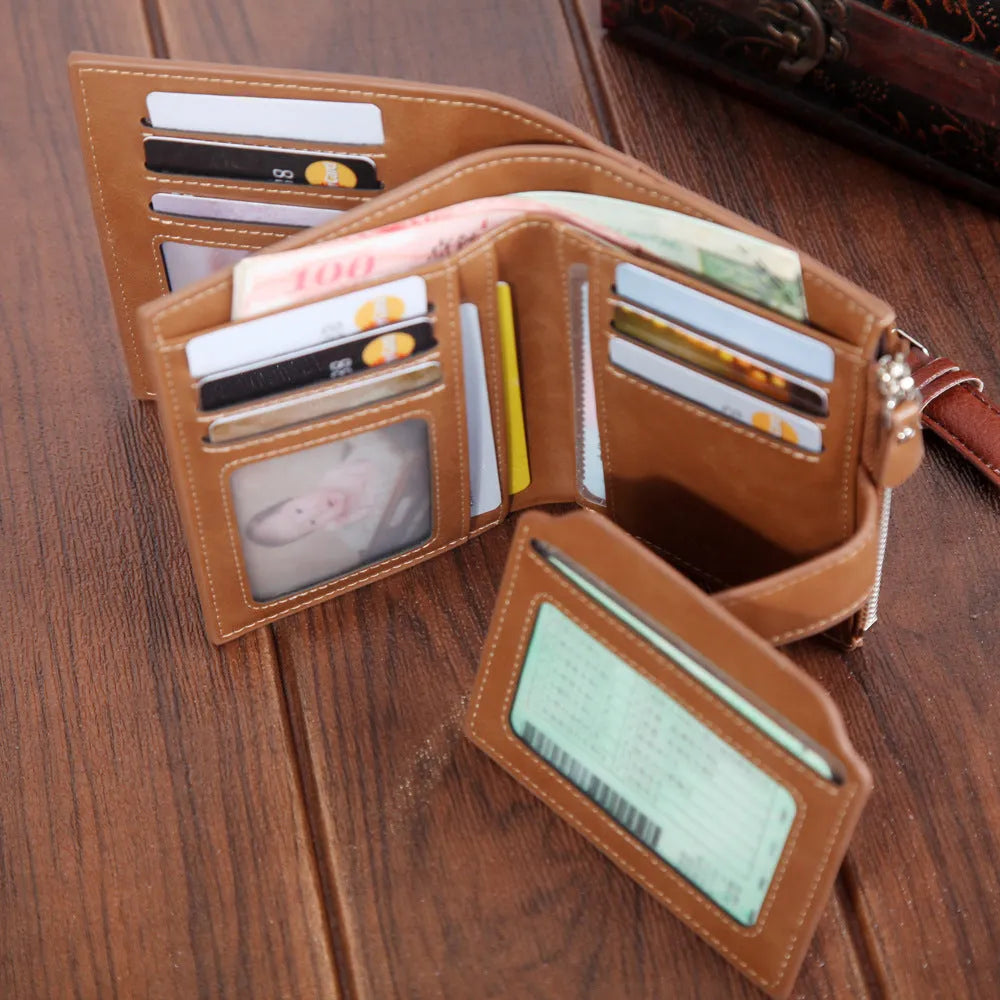 Men's 13842 short PU leather wallet, zip buckle, square vertical, 12.8x9.8x2.5cm, card passport slots
