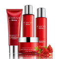 Red pomegranate skincare set showing four bottles: face wash, toner, lotion, and facial cream.