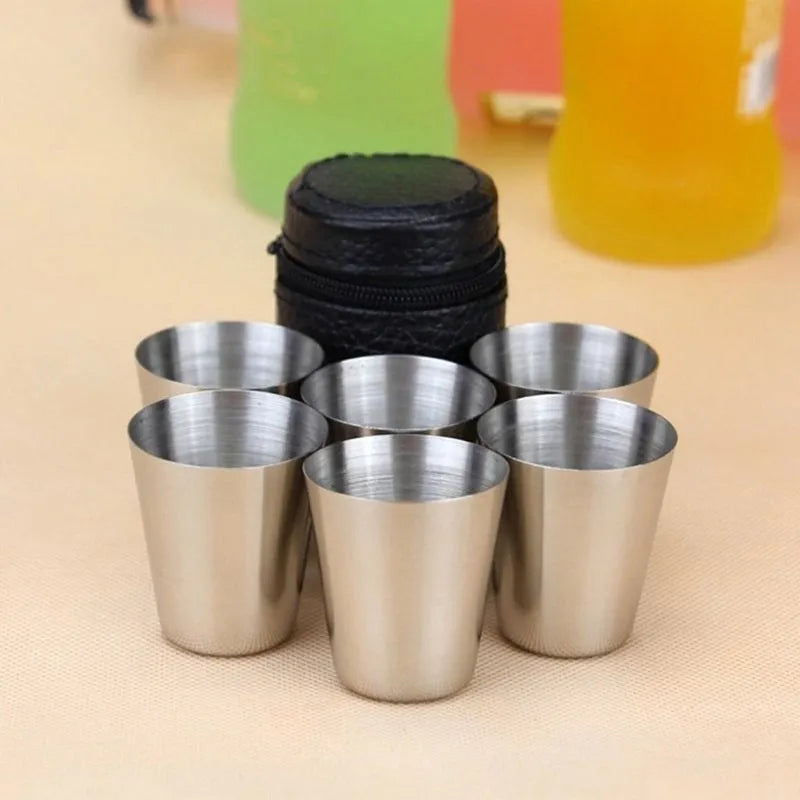 30 ml stainless steel cups with PU leather holder, silver, 4 or 6 cup set
