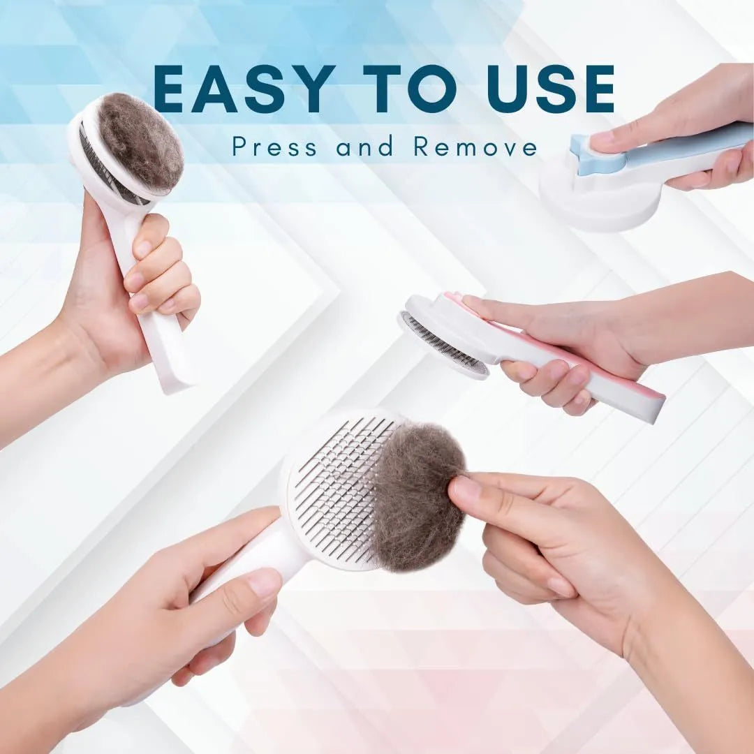 Blue self-cleaning slicker brush for dogs and cats on a wooden surface
