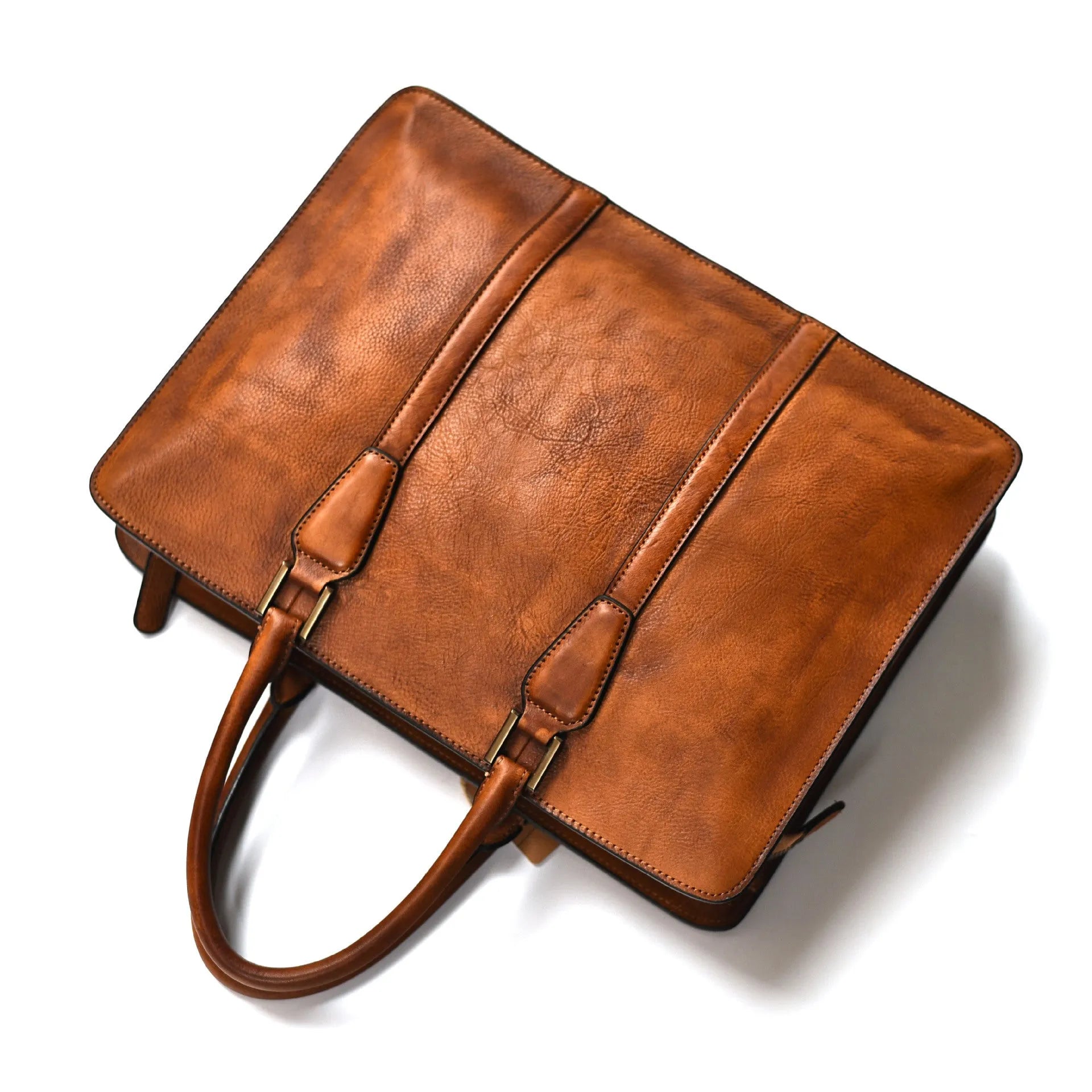 Men's brown leather horizontal business handbag with zipper closure shown from the front.