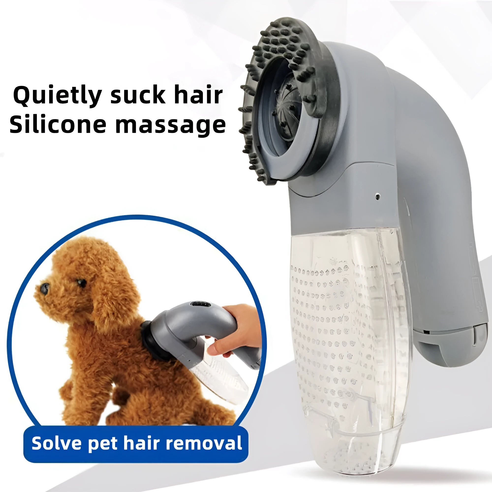 Grey handheld pet grooming vacuum cleaner with soft rubber head for dogs and cats