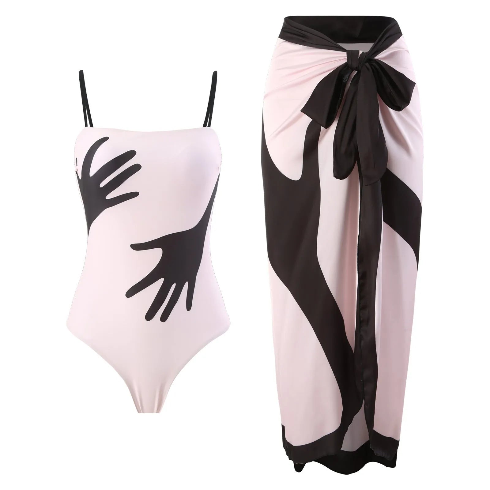 Women's one-piece bikini swimsuit with an attached white tulle skirt, shown on a mannequin.