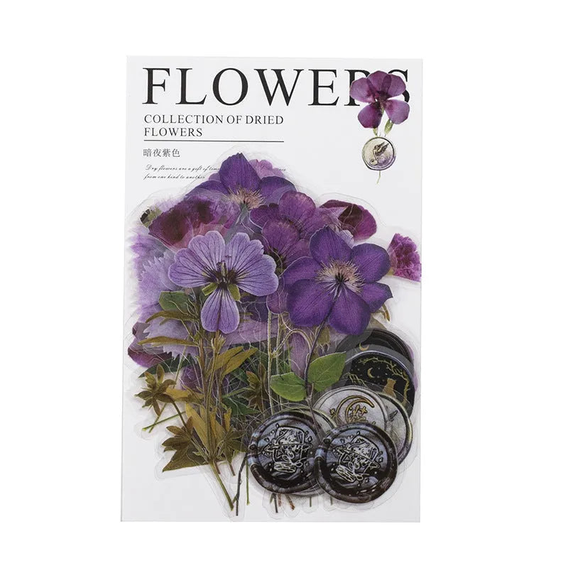 Creative dried flowers decoration sticker package showing 8 modern art colour styles on PET material