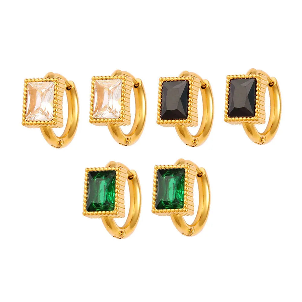 Square geometric zircon earrings with round ring details on stainless steel.