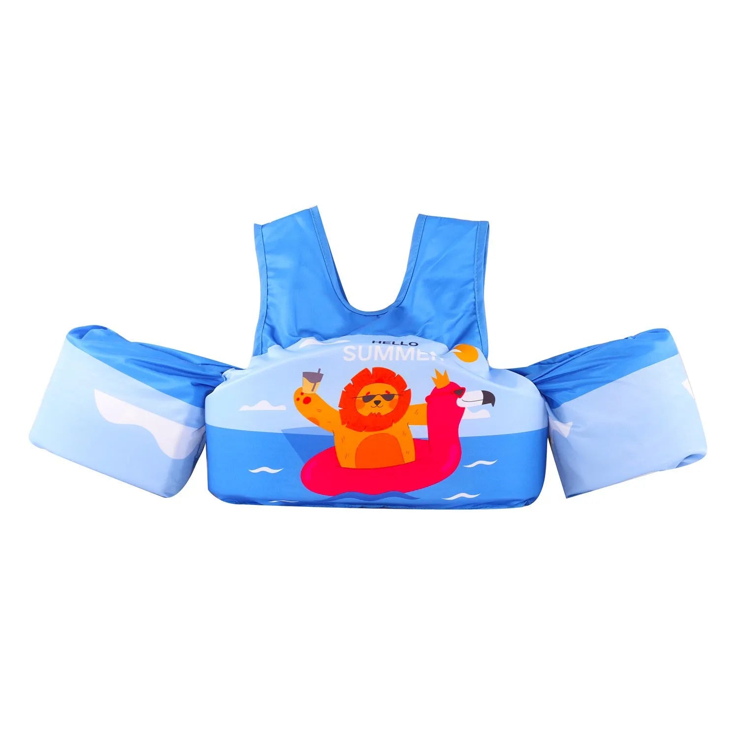 Children's polyester swimsuit with integrated lengthened arm swimming ring in cartoon pattern