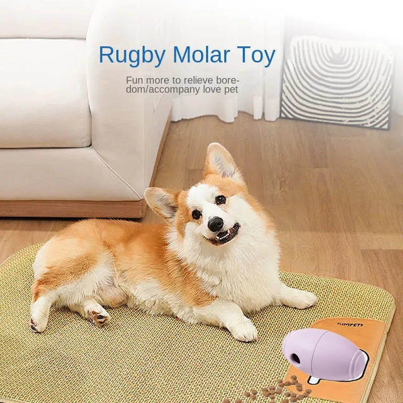 Silicone rugby-shaped dog toy with food leak hole, available in blue, light blue, pink, and purple.