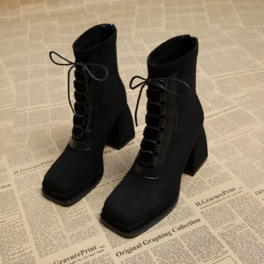 Women's ultra-high heel short Martin boots in black, 6-8 cm heel, leather lining, hollow-out detail, size 34-39