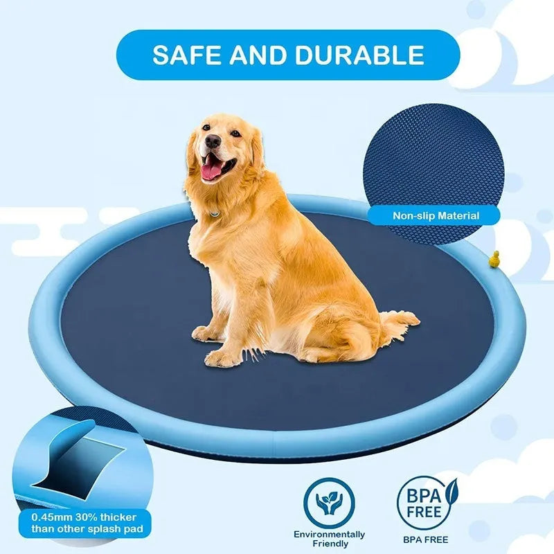 Anti-slip dog splash pad and swimming mat outdoor toy in a garden setting.