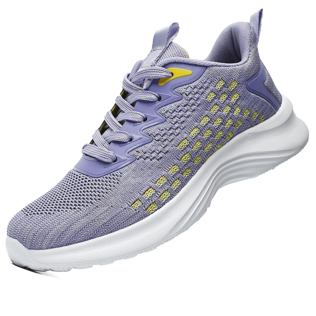Women's Flyknit running shoes with striped pattern, mesh lining, and wedge heel in Lavender Purple or Royal Blue