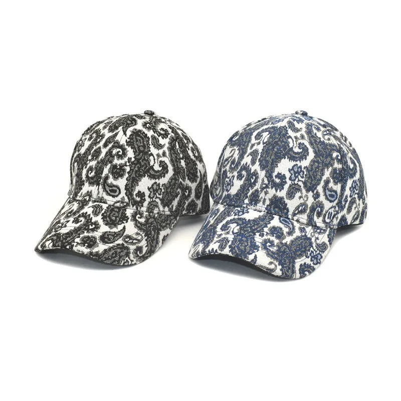 Polyester baseball cap with paisley print in black, blue, or wine red, size M for 56-58cm head.