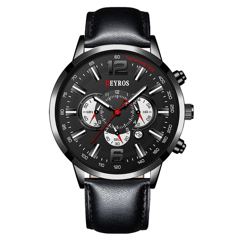 Fake three eye luminous sports watch with black ribbon strap and blue dial, 9mm thick, for men