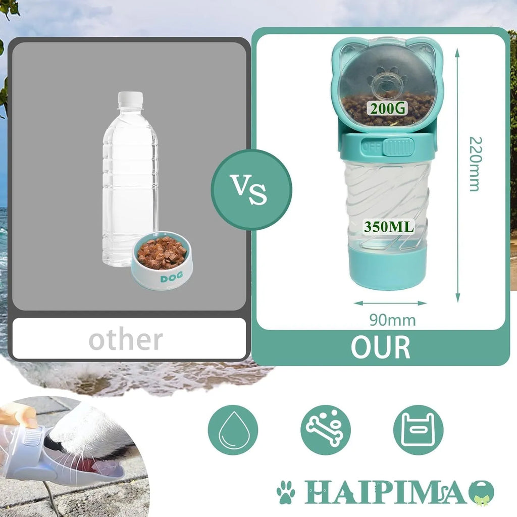 Green pink and white 3-in-1 portable pet water bottle with food container and waste bag dispenser