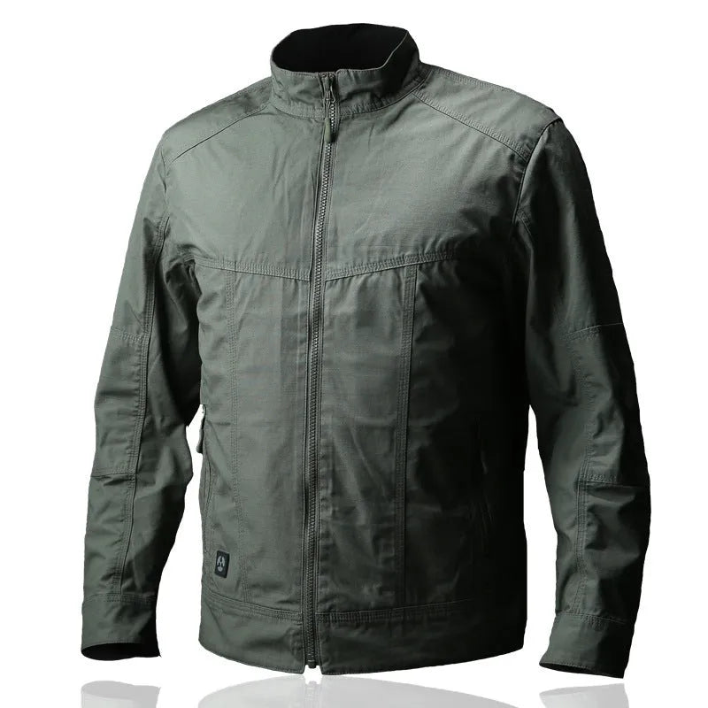 Men's brown tactical plaid coat with wear-resistant polyester construction on a mannequin.