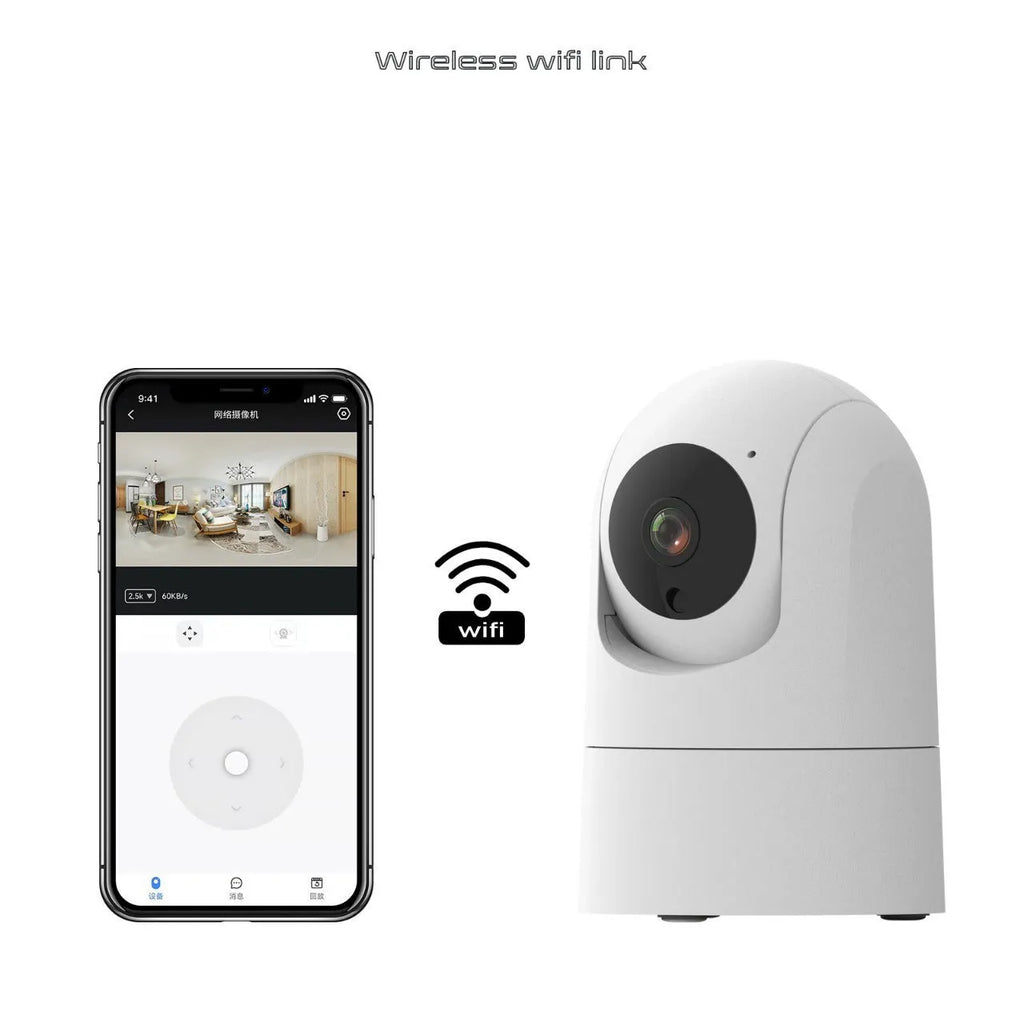 White indoor pan tilt security camera with microphone and speaker for two-way voice on a desk.