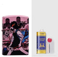 Windproof kerosene lighter with grinding wheel ignition in copper casing showing decorative design options