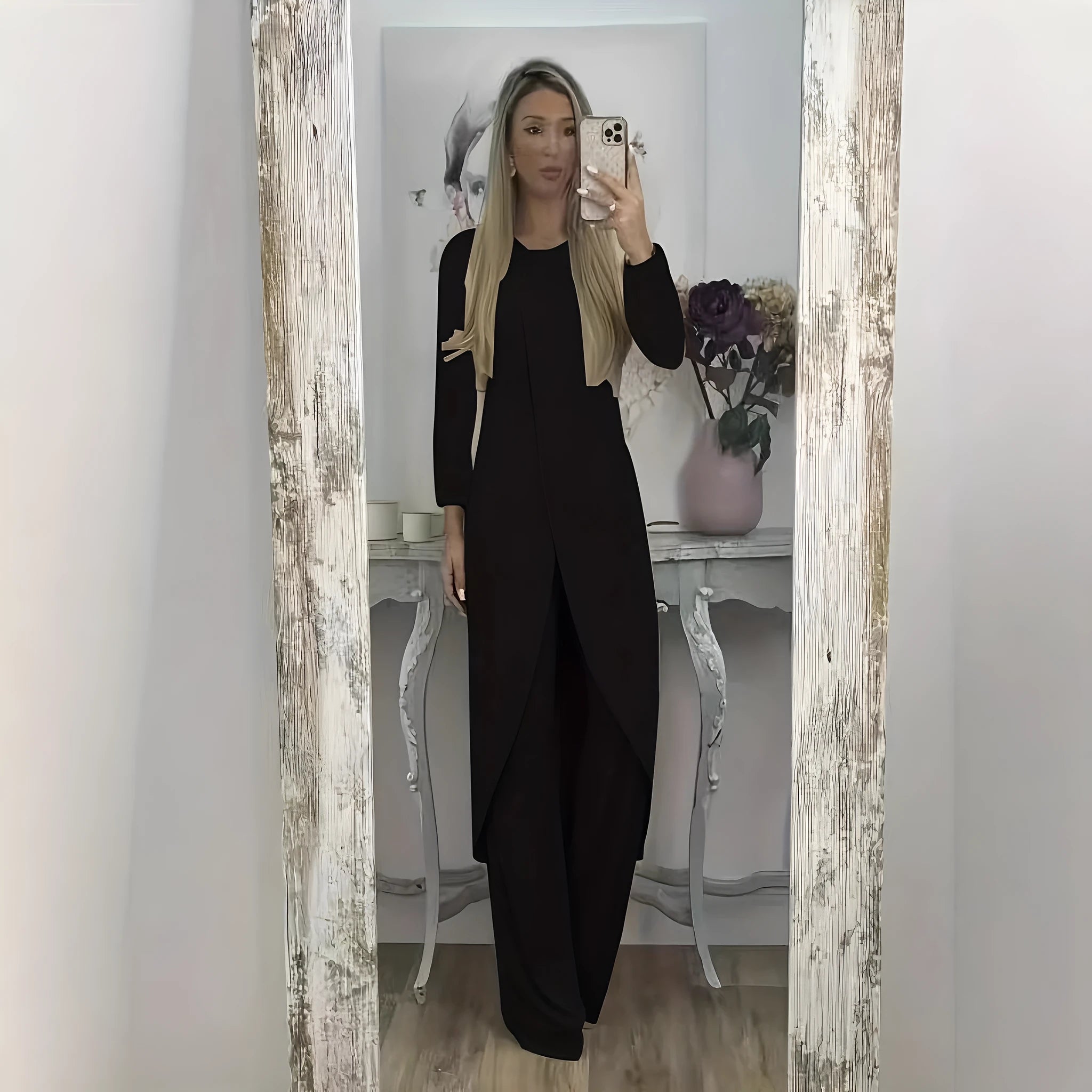 Long sleeve two-piece lounge set in black, blue, or khaki with loose round neck shirt and matching trousers