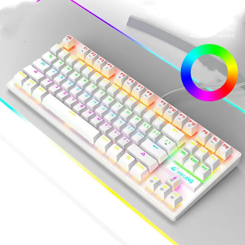 Black, white, blue, and pink coloured mechanical keyboards on a desk