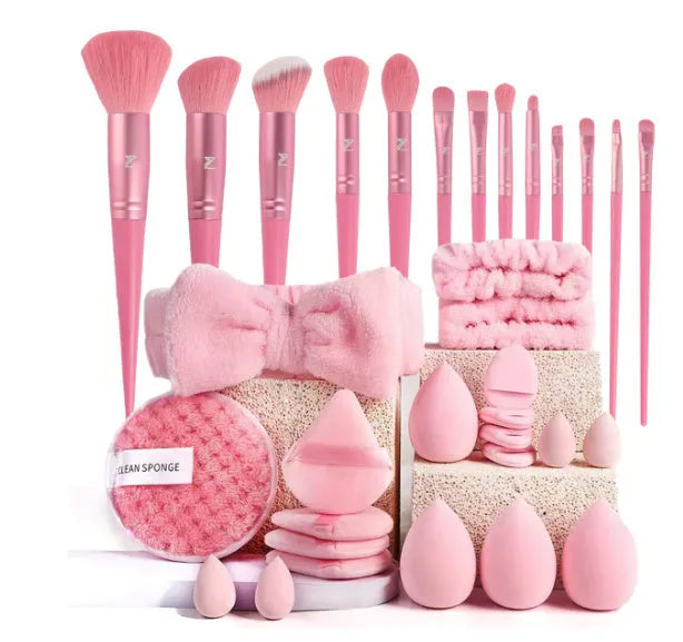 Beauty tool combination set with hydrophilic non-latex material in brown, pink, and purple colours