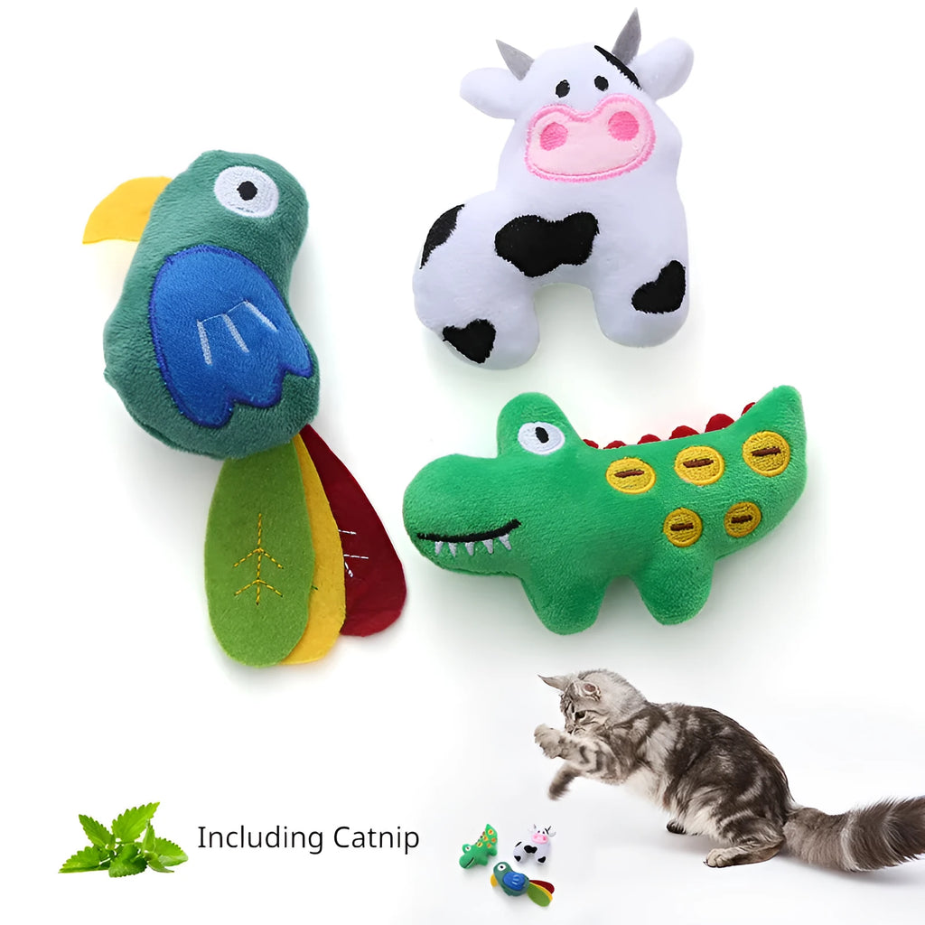 Plush cat toy shaped like a cow, crocodile, or parrot on a plain background.