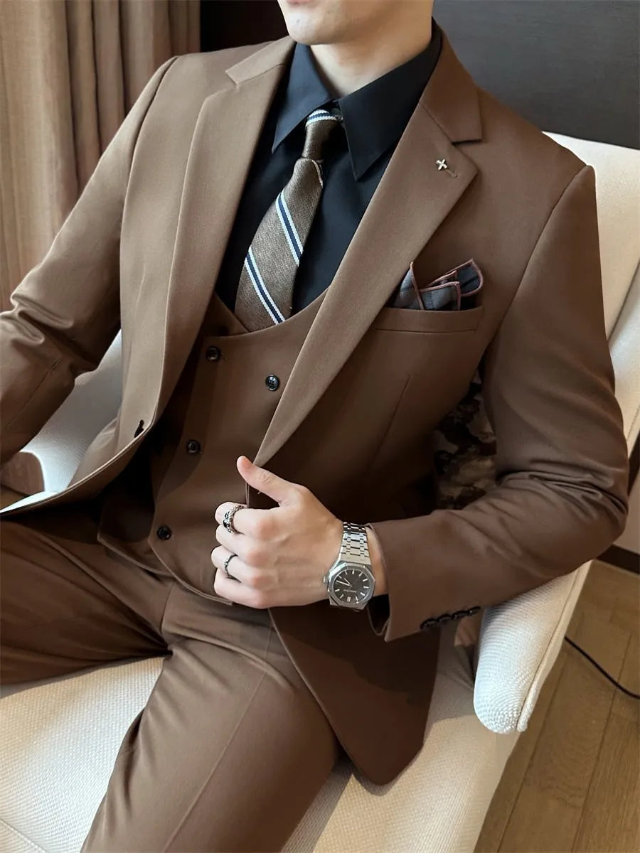 Men's slim fit business formal suit jacket in dark green, brown, or camel colour