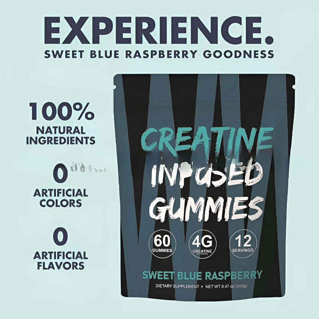 Creatine monohydrate gummy supplement, 60 pieces, one bag with label, room temperature storage
