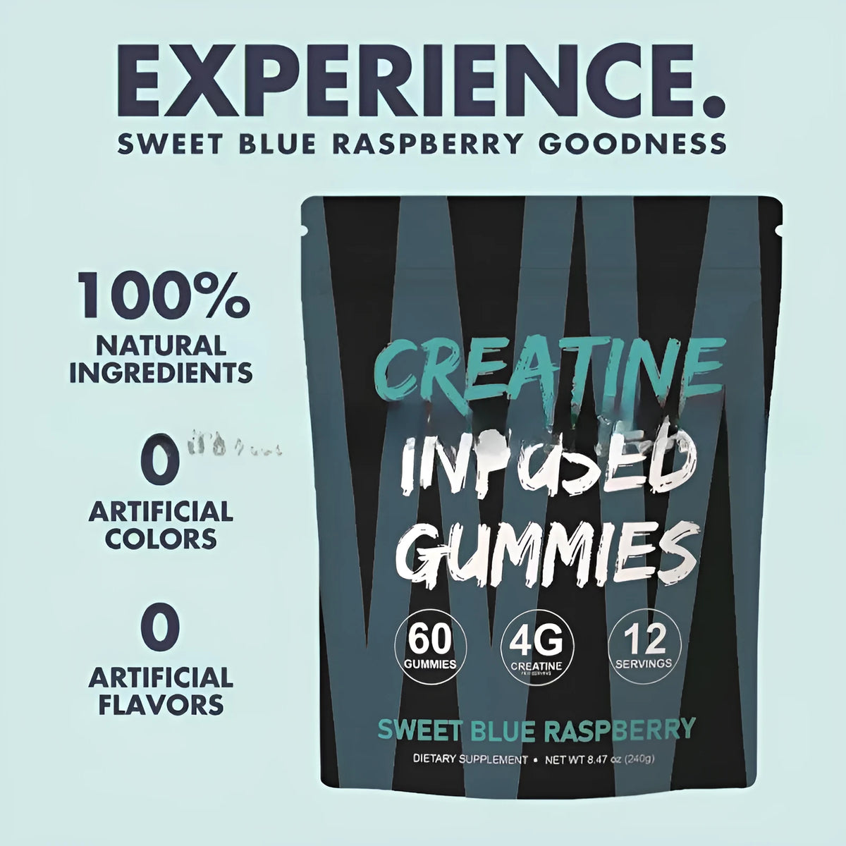Creatine monohydrate gummy supplement, 60 pieces, one bag with label, room temperature storage