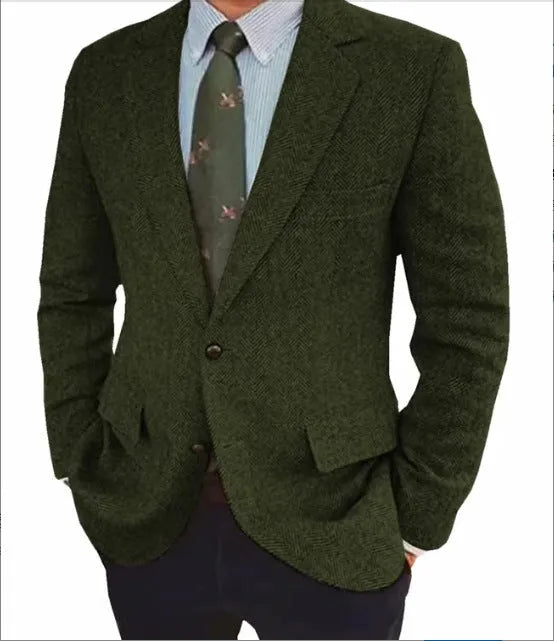 Men's brown herringbone pattern suit jacket with long sleeves and a retro business casual style