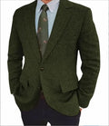 Men's brown herringbone pattern suit jacket with long sleeves and a retro business casual style