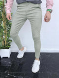 Men's slim-fit plaid casual trousers with 3D printed pattern and straight-leg design