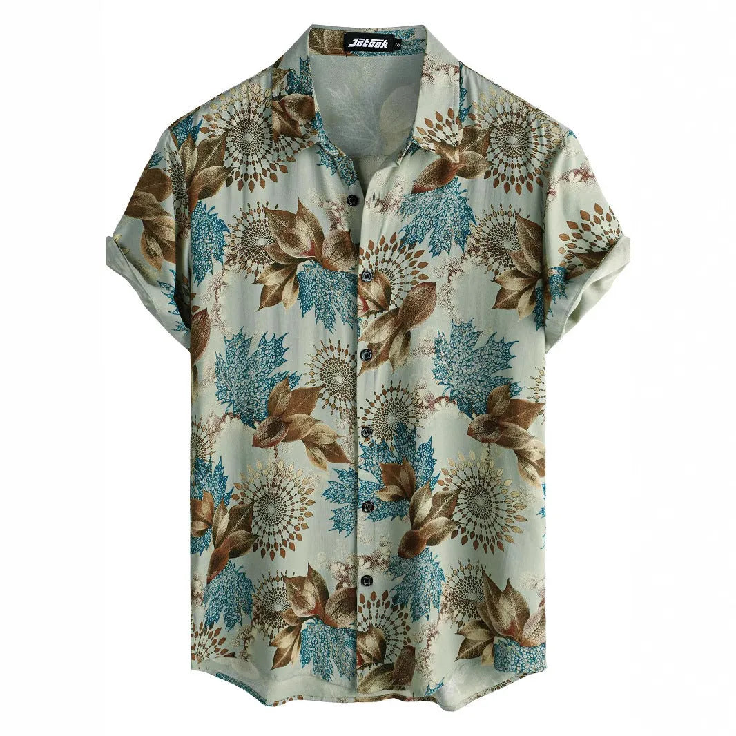 Men's Hawaiian print short sleeve shirt with lapel collar in floral pattern digital printed on elastic polyester fabric