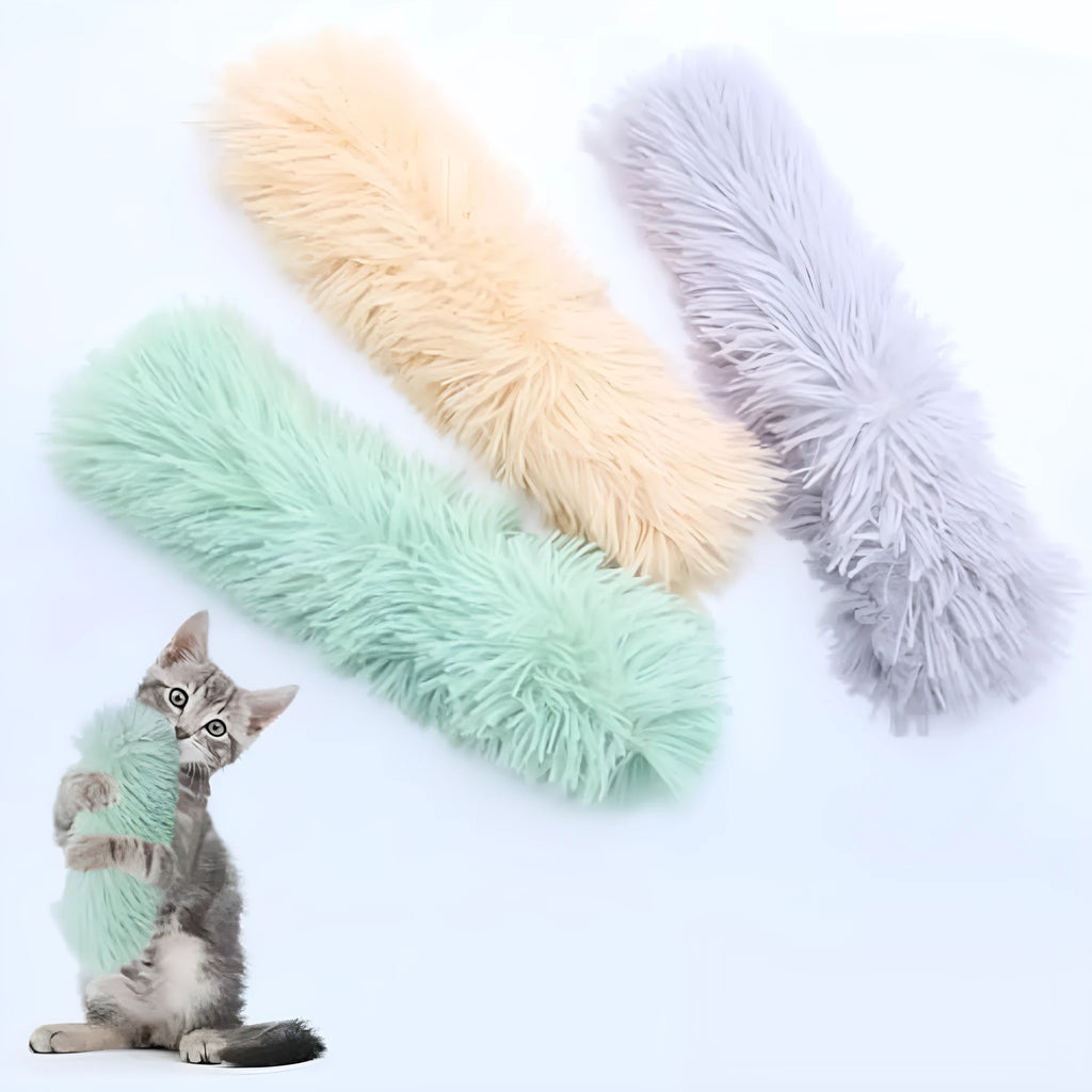 Colourful cat pillow toy with plush material and crinkle sound feature for indoor feline play