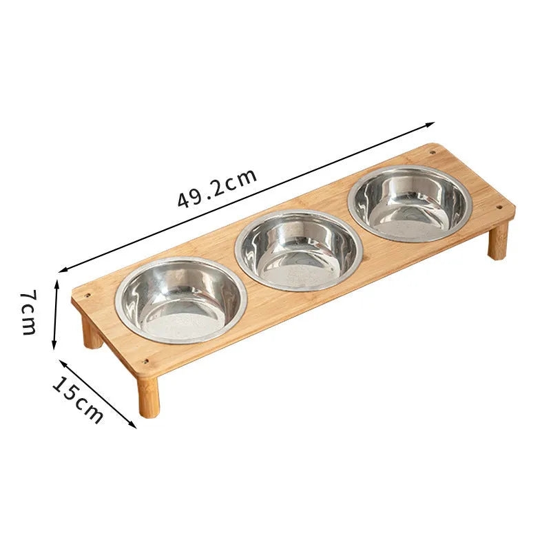 Square bamboo pet feeder with two stainless steel bowls, anti-tumble dog and cat bowl set