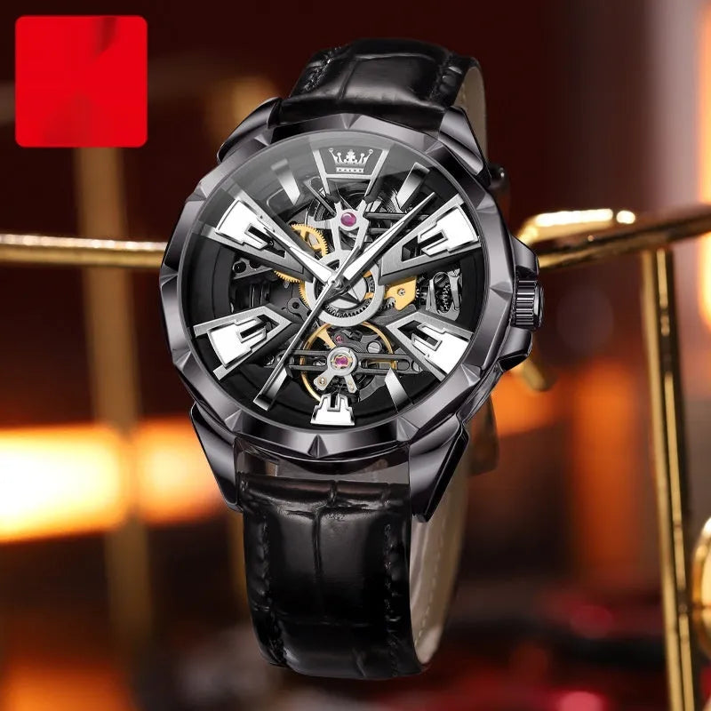 Men's automatic mechanical skeleton watch with 44mm barrel-shaped case and leather strap