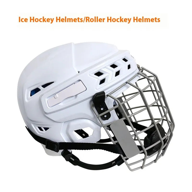 Ice hockey helmet with a carbon steel face mask on a white background, shown in size L.