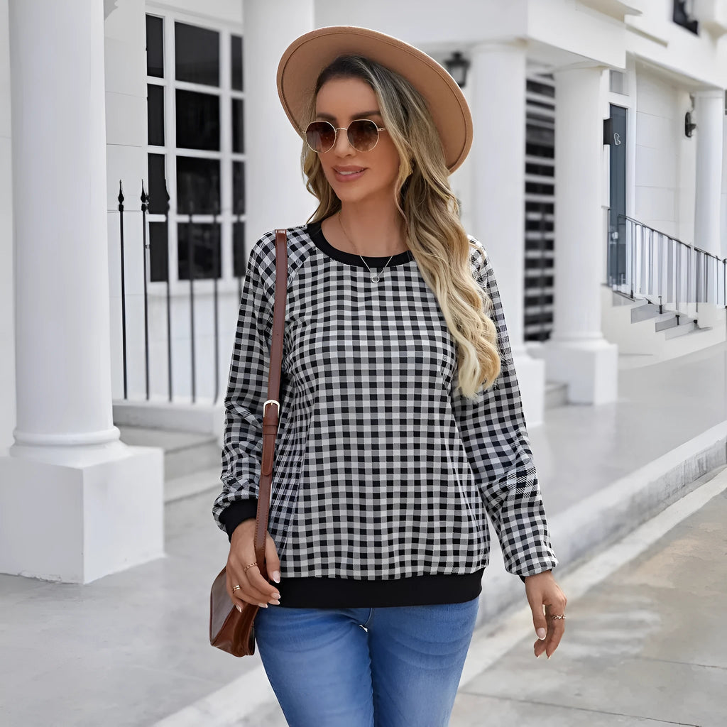 Black Japanese plaid and stripe print pullover sweater with long sleeves