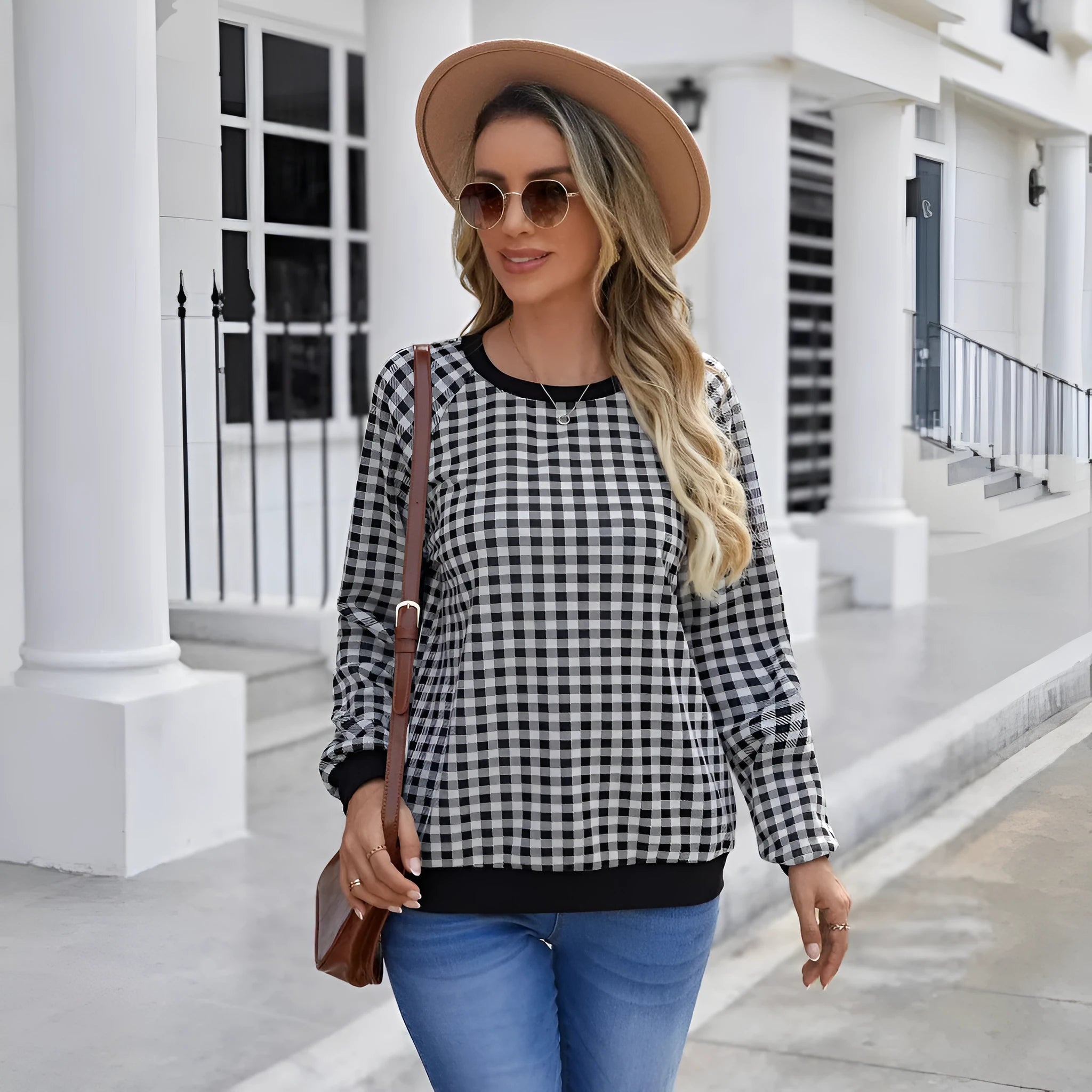 Black Japanese plaid and stripe print pullover sweater with long sleeves