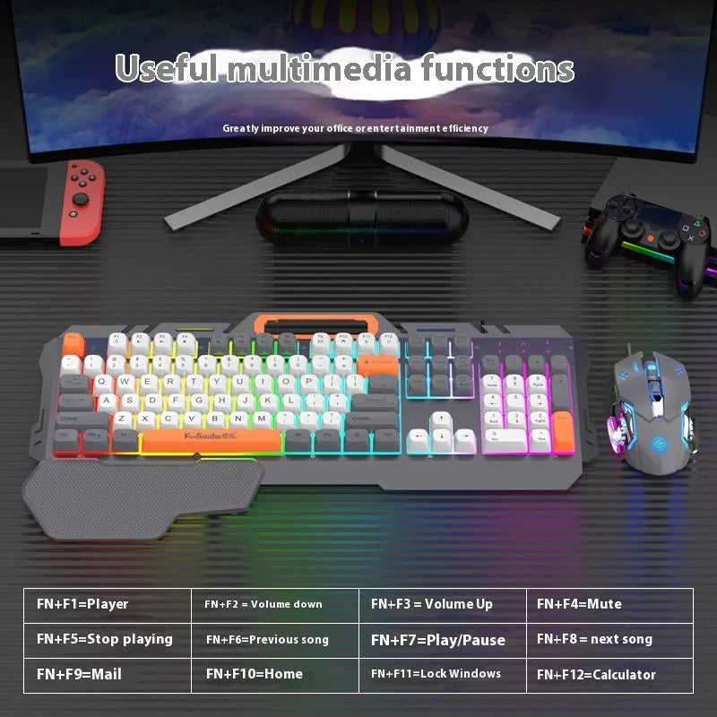 Blue wired gaming keyboard and mouse set with 1.5 metre cable on desk