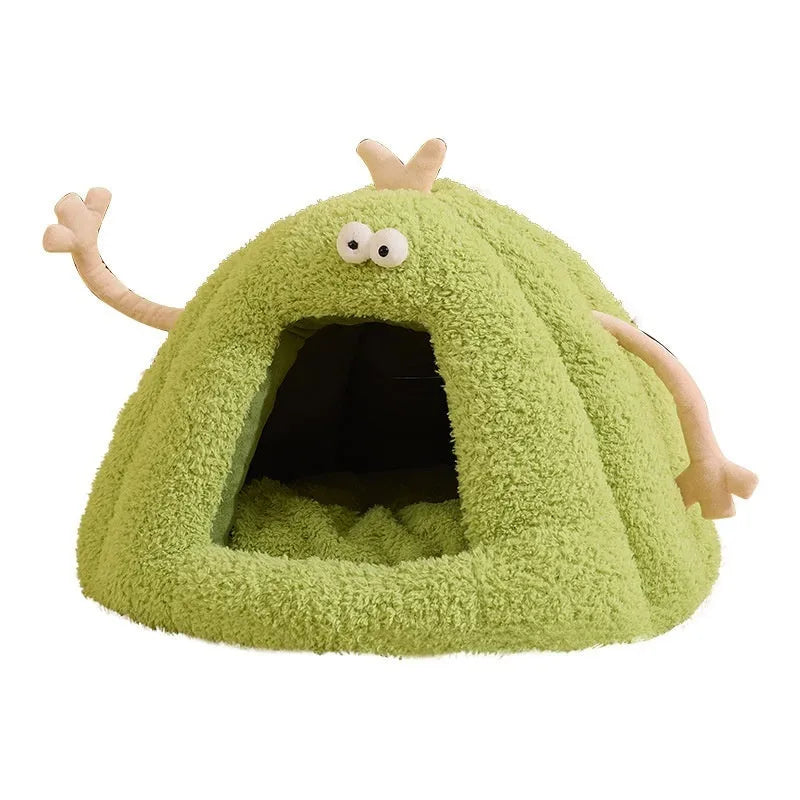 Monster-shaped semi-enclosed cat kennel in PP cotton bubble velvet, yellow purple or green, sizes M and L