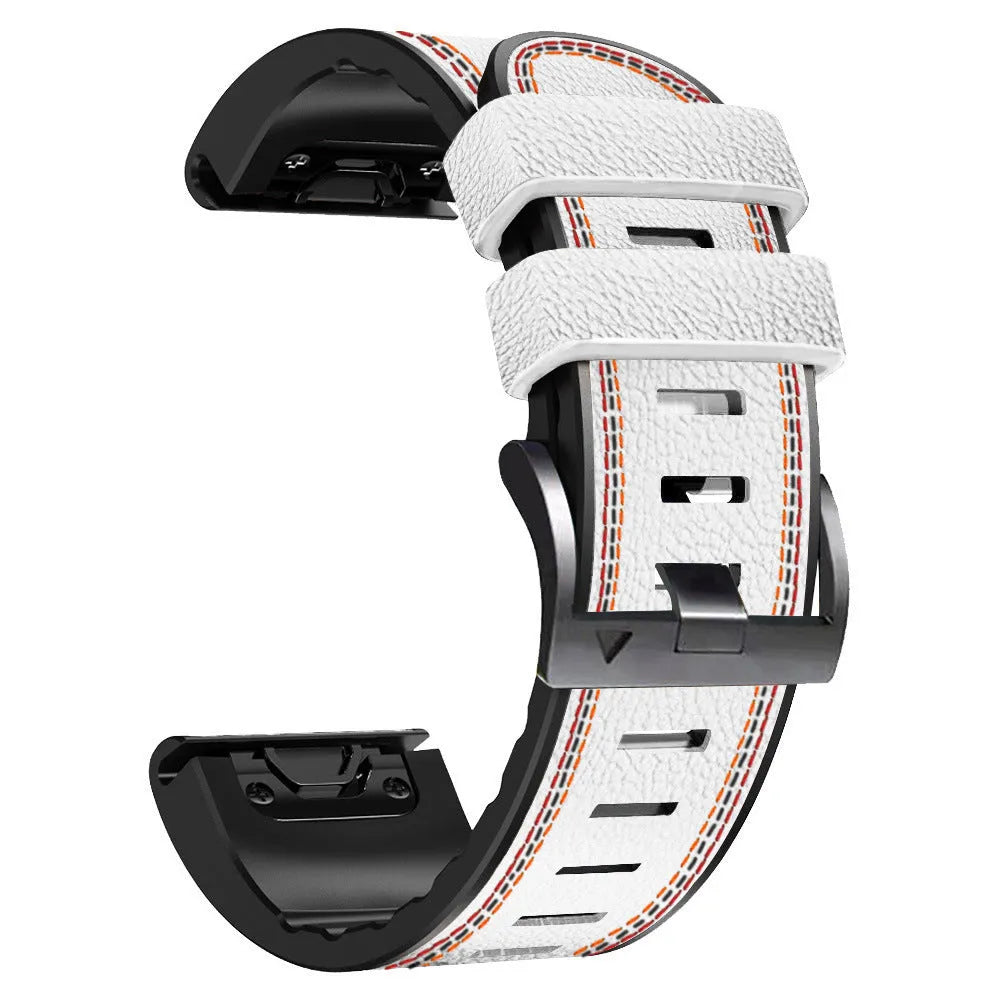 Silicone leather quick release watchband for Garmin Fenix smartwatches in black, brown, light brown, and white colours