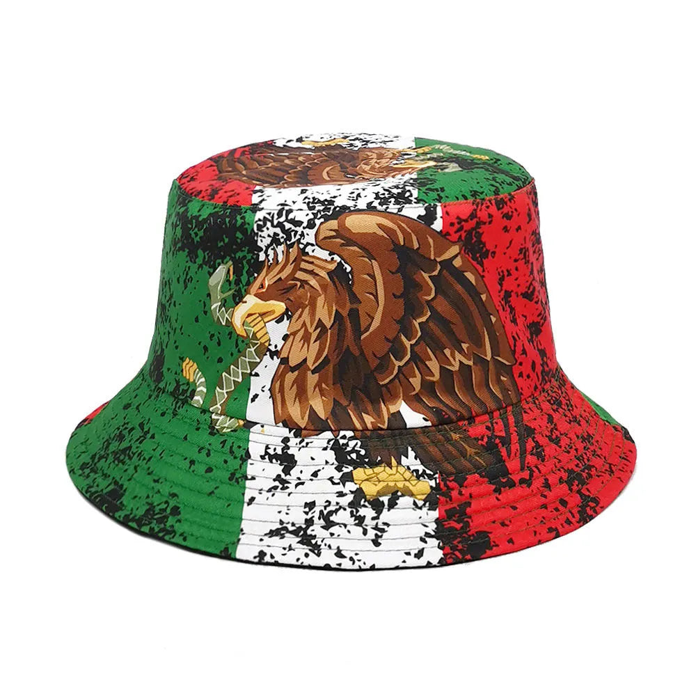 Eagle pattern polyester bucket hat with dome crown in retro style, size M fits 56-58cm